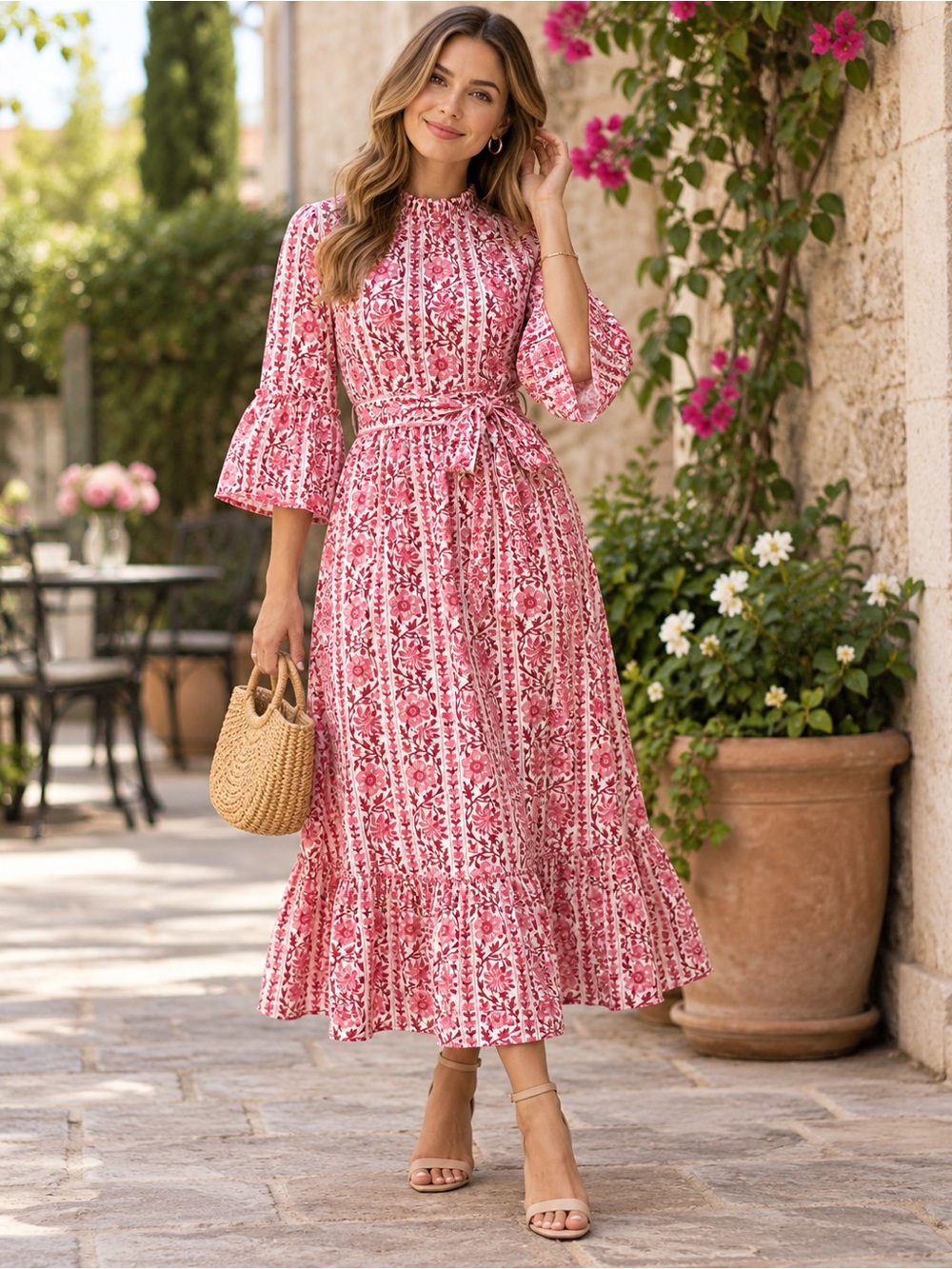 Pink City Prints Savannah Rosewood Border Dress L Organic Cotton Floral Midi